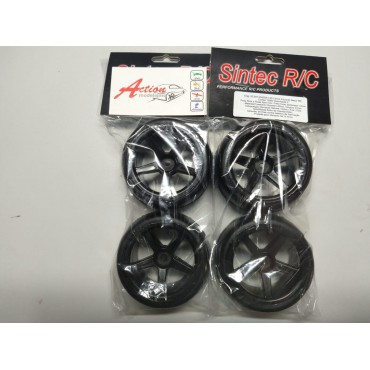 JOGO DE RODAS E PNEUS SLICK COM RODAS SPORT PRETA 12mm PARA BUGGYS 1/10 HIMOTO - EXCEED - HSP / TRUGGYS 1/10 / E-REVO 1/16 E ETC SINTEC SIN S085